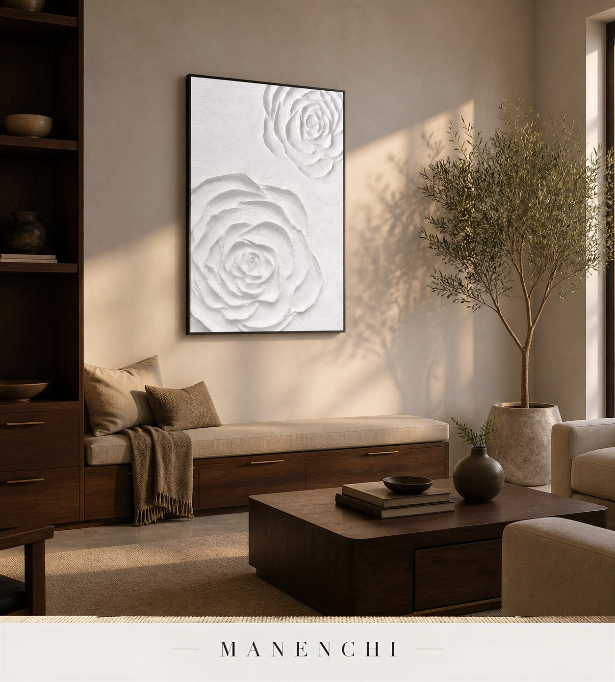 Gypsum Relief | Floral Wall Art - original hand-painted painting by Manenchi, styled in a room setting
