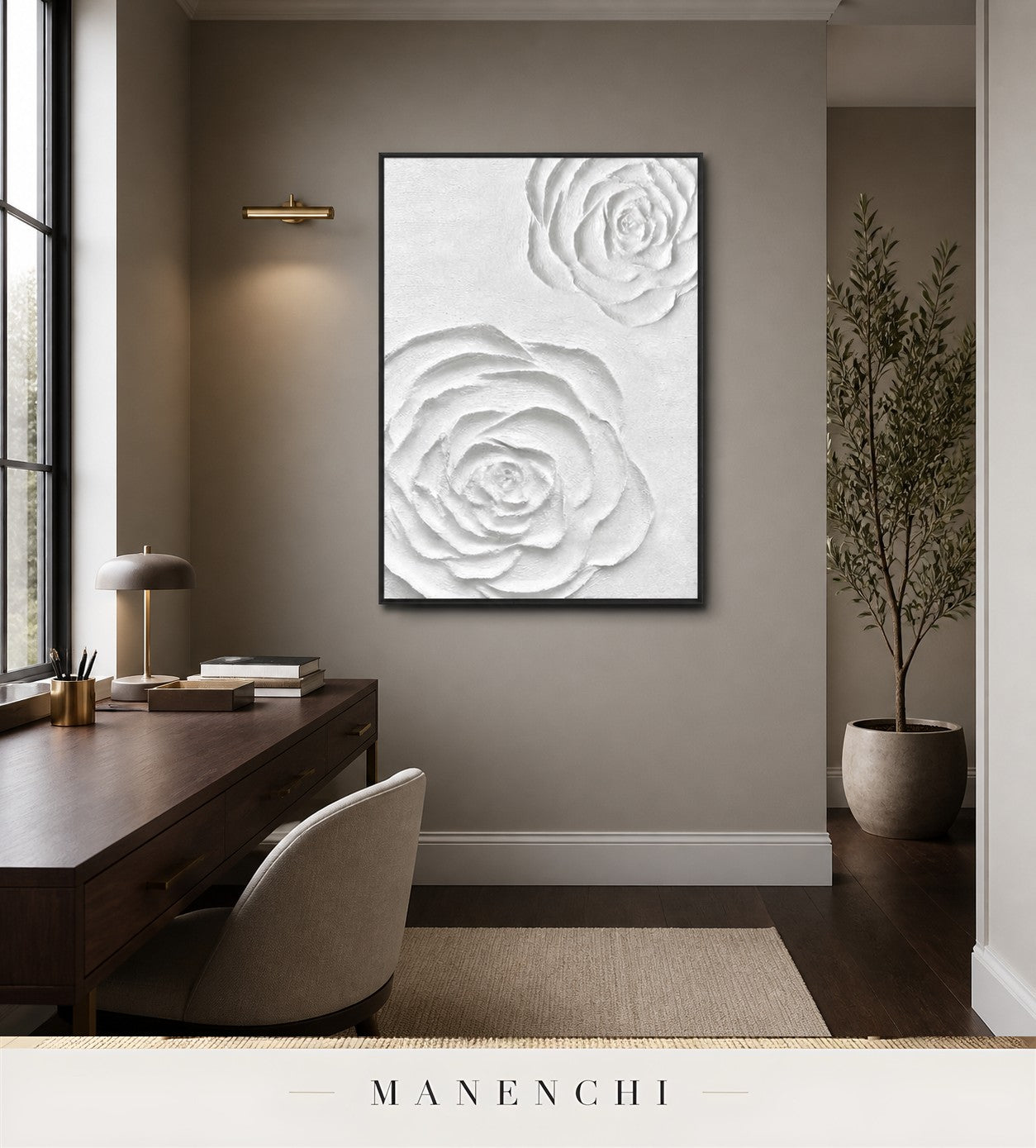 Gypsum Relief | Floral Wall Art - original hand-painted painting by Manenchi, styled in a room setting