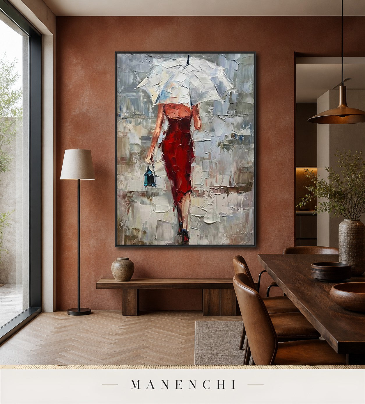 Vermilion Lift | Contemporary Wall Art - original hand-painted painting by Manenchi, styled in a room setting