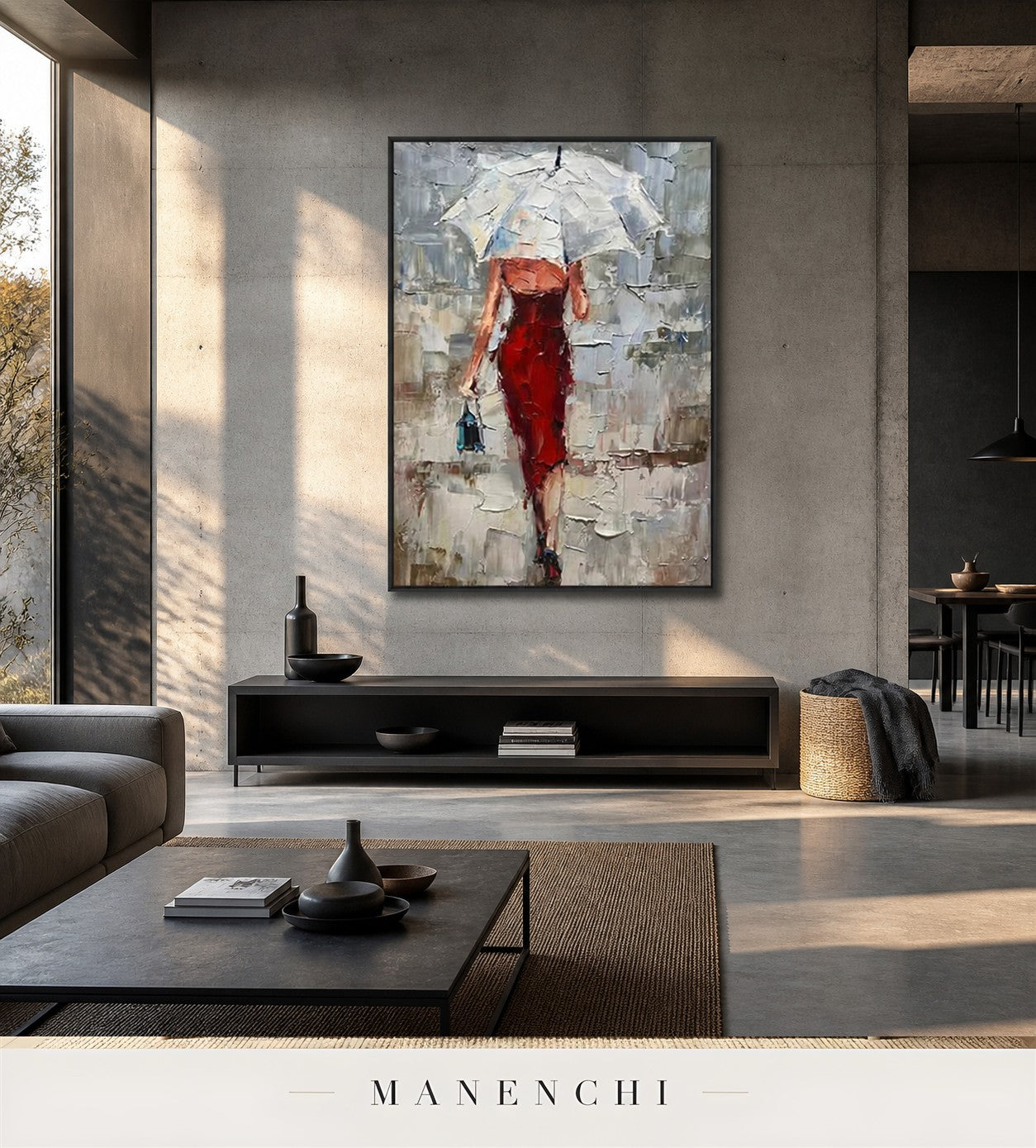 Vermilion Lift | Contemporary Wall Art - original hand-painted painting by Manenchi, styled in a room setting