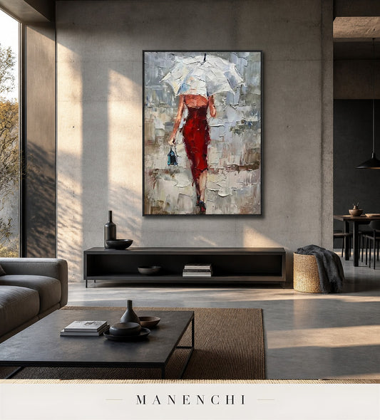Vermilion Lift | Contemporary Wall Art - original hand-painted painting by Manenchi, styled in a room setting
