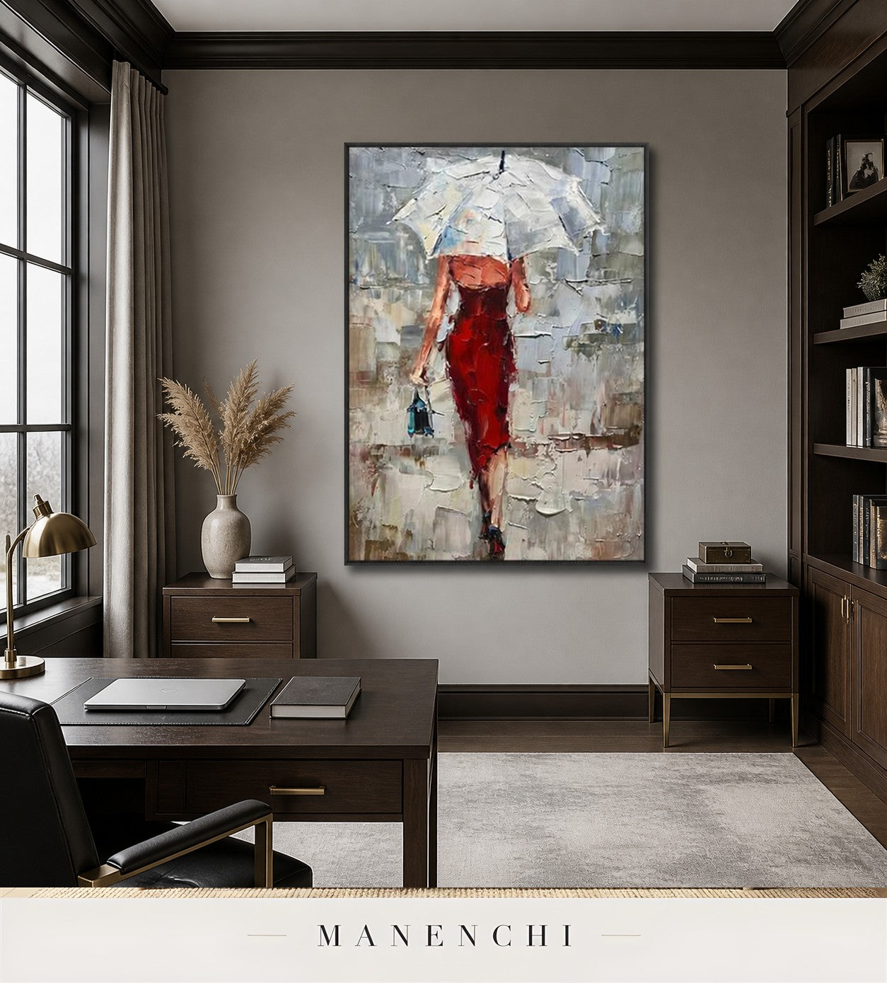 Vermilion Lift | Contemporary Wall Art - original hand-painted painting by Manenchi, styled in a room setting