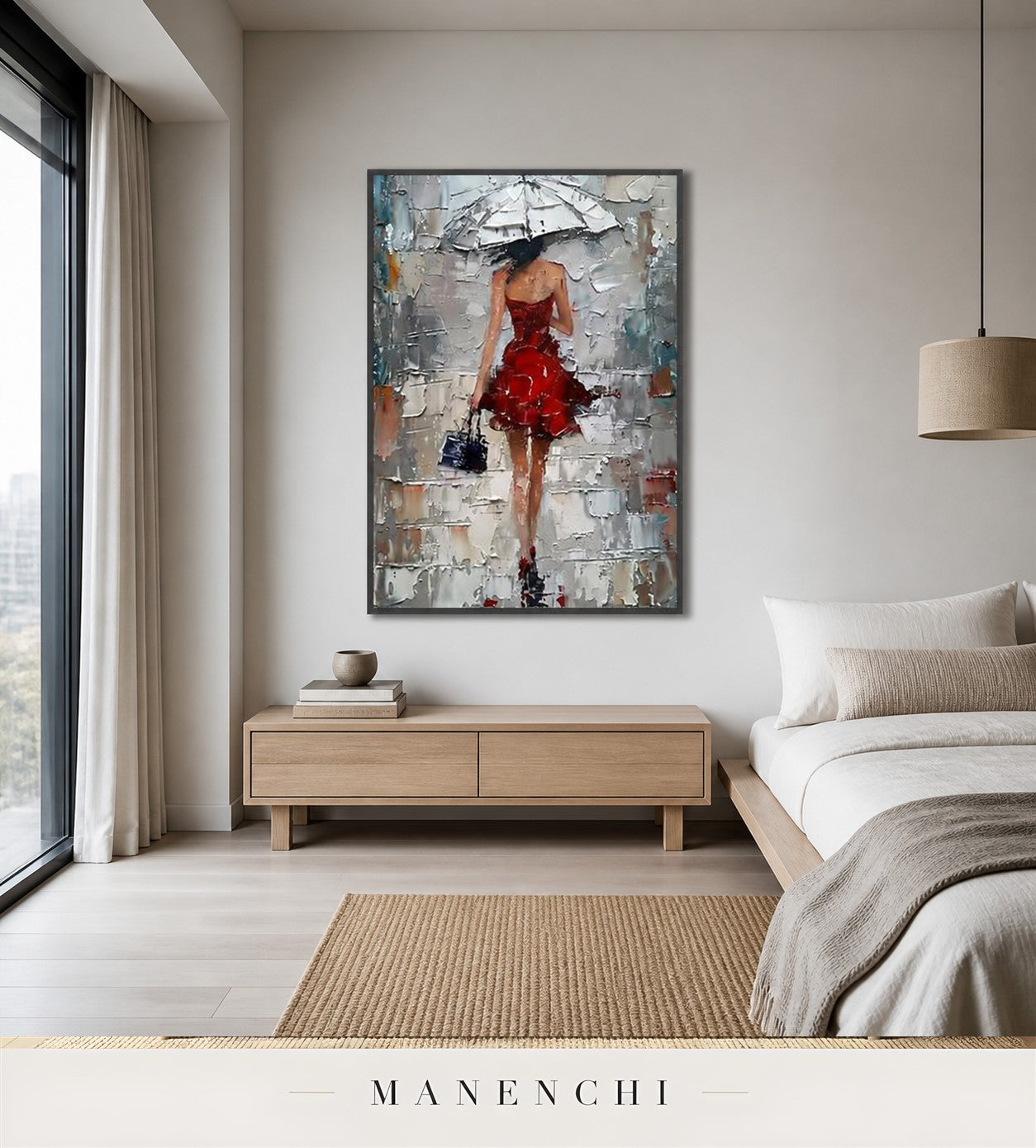 Scarlet Stride | Contemporary Wall Art - original hand-painted painting by Manenchi, styled in a room setting