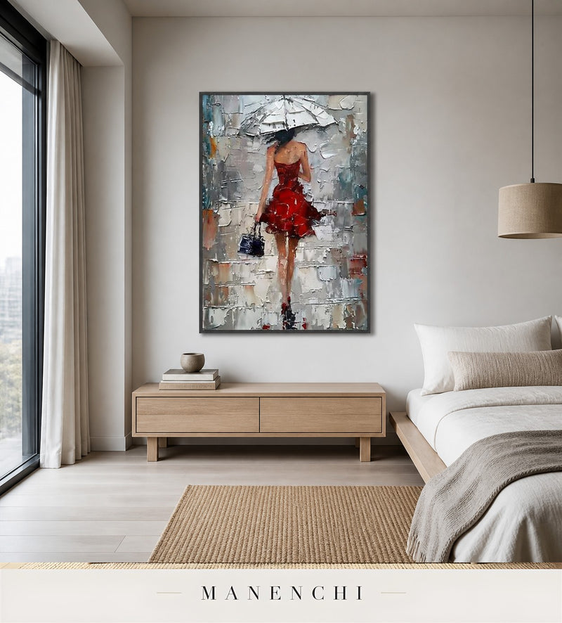 Scarlet Stride | Contemporary Wall Art - original hand-painted painting by Manenchi, styled in a room setting
