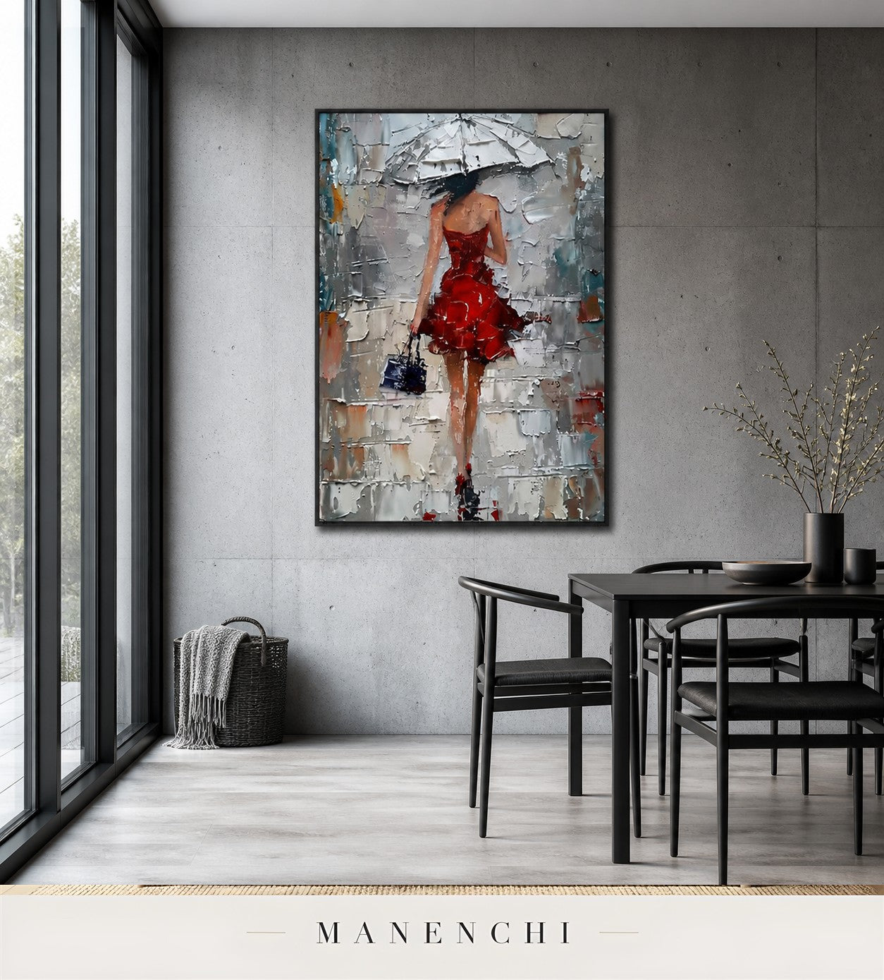 Scarlet Stride | Contemporary Wall Art - original hand-painted painting by Manenchi, styled in a room setting