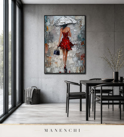 Scarlet Stride | Contemporary Wall Art - original hand-painted painting by Manenchi, styled in a room setting