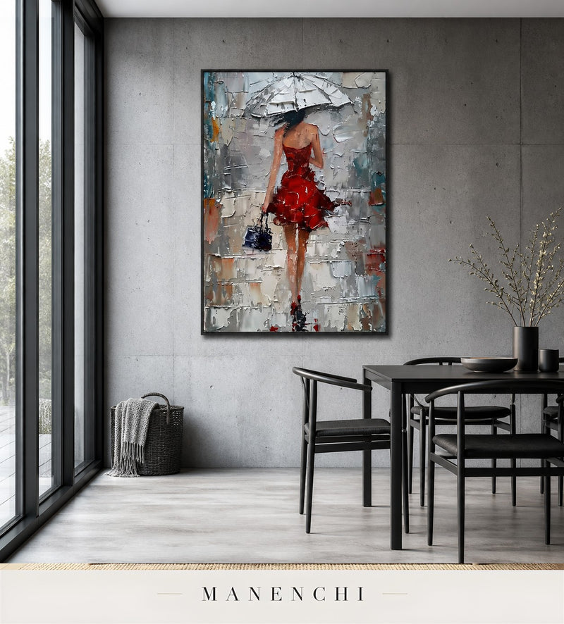 Scarlet Stride | Contemporary Wall Art - original hand-painted painting by Manenchi, styled in a room setting