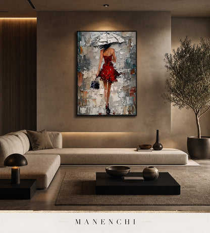 Scarlet Stride | Contemporary Wall Art - original hand-painted painting by Manenchi, styled in a room setting