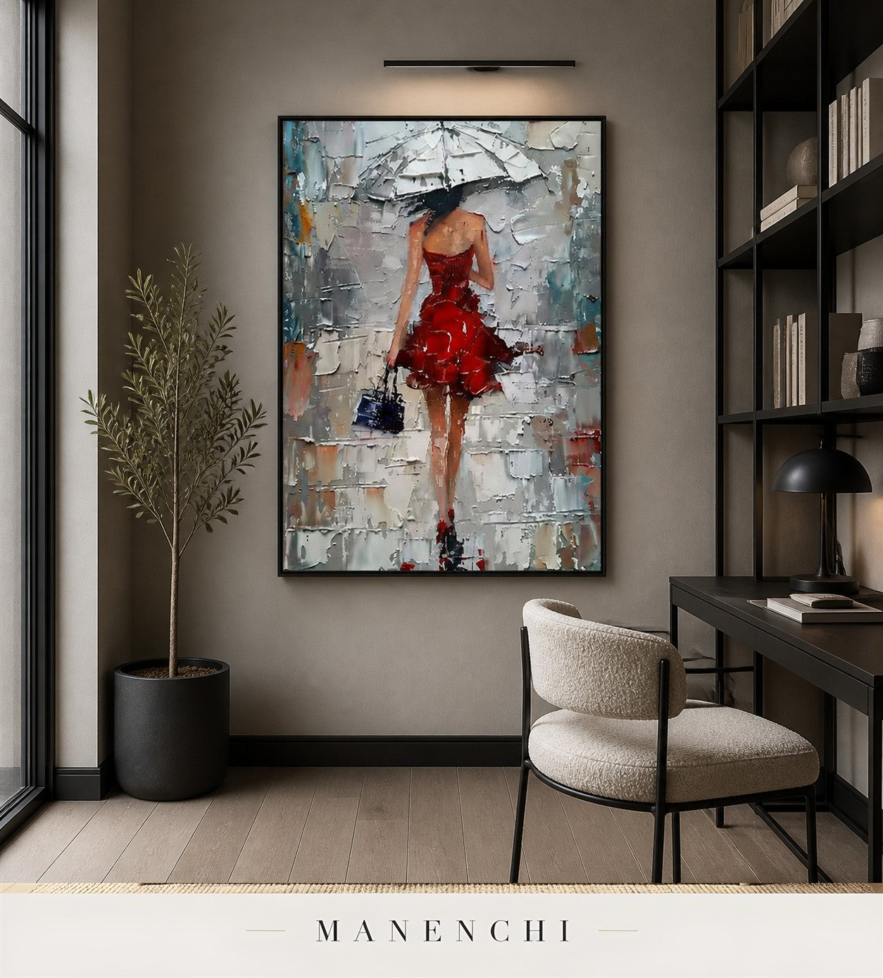 Scarlet Stride | Contemporary Wall Art - original hand-painted painting by Manenchi, styled in a room setting