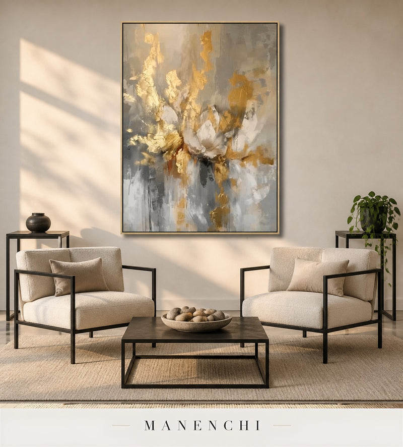 Fleur Strands | Gold Leaf Wall Art - original hand-painted painting by Manenchi, styled in a room setting