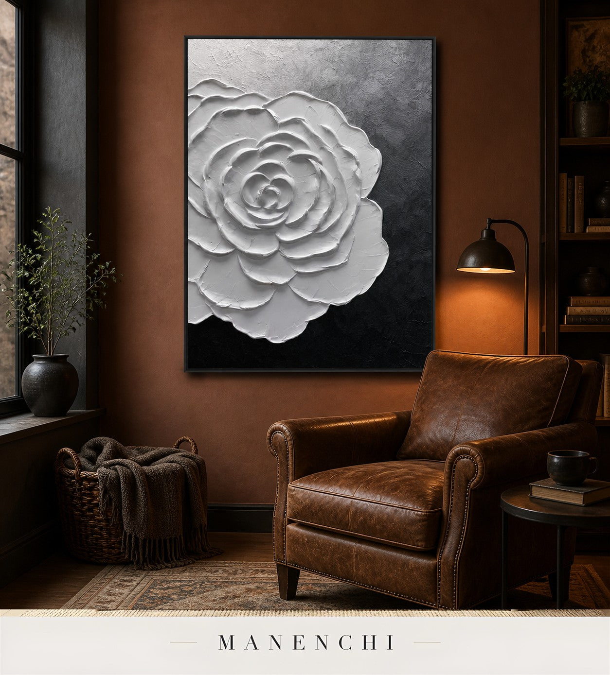 Tactile Bloom | Floral Wall Art - original hand-painted painting by Manenchi, styled in a room setting