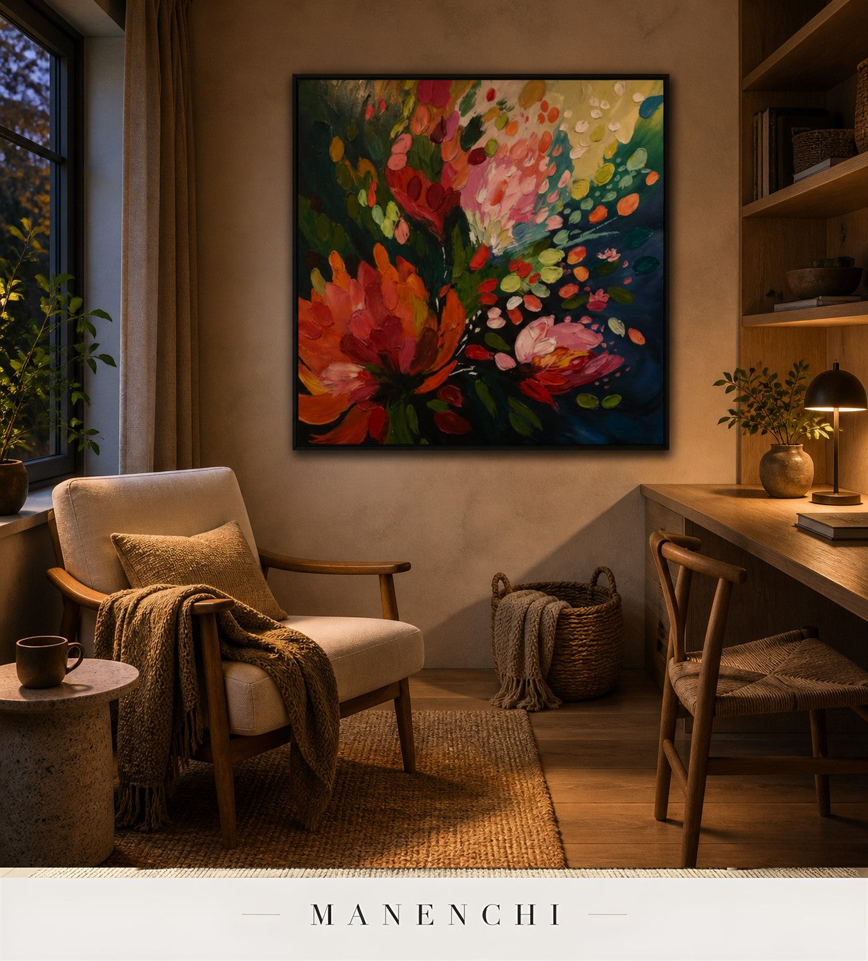 Modeled Blossom | Floral Wall Art - original hand-painted painting by Manenchi, styled in a room setting