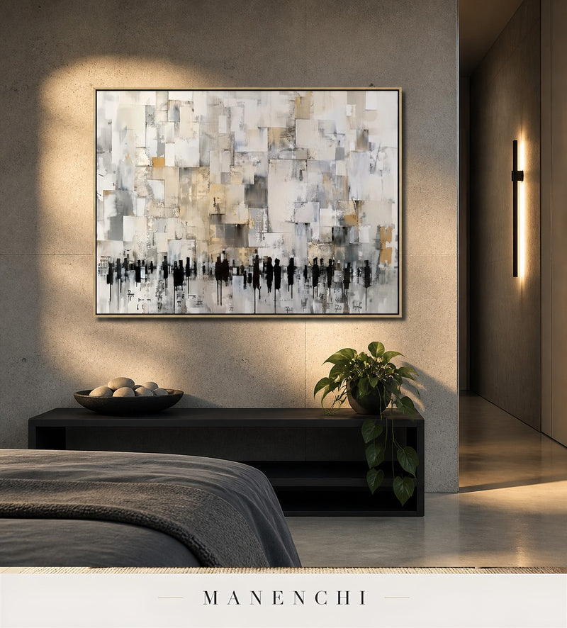 Geometric Throng | Gold Leaf Wall Art - original hand-painted painting by Manenchi, styled in a room setting