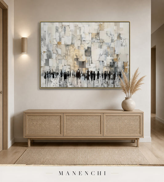 Geometric Throng | Gold Leaf Wall Art - original hand-painted painting by Manenchi, styled in a room setting