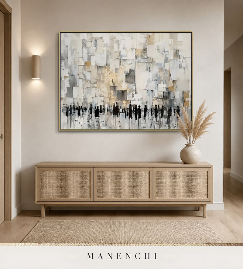 Geometric Throng | Gold Leaf Wall Art - original hand-painted painting by Manenchi, styled in a room setting