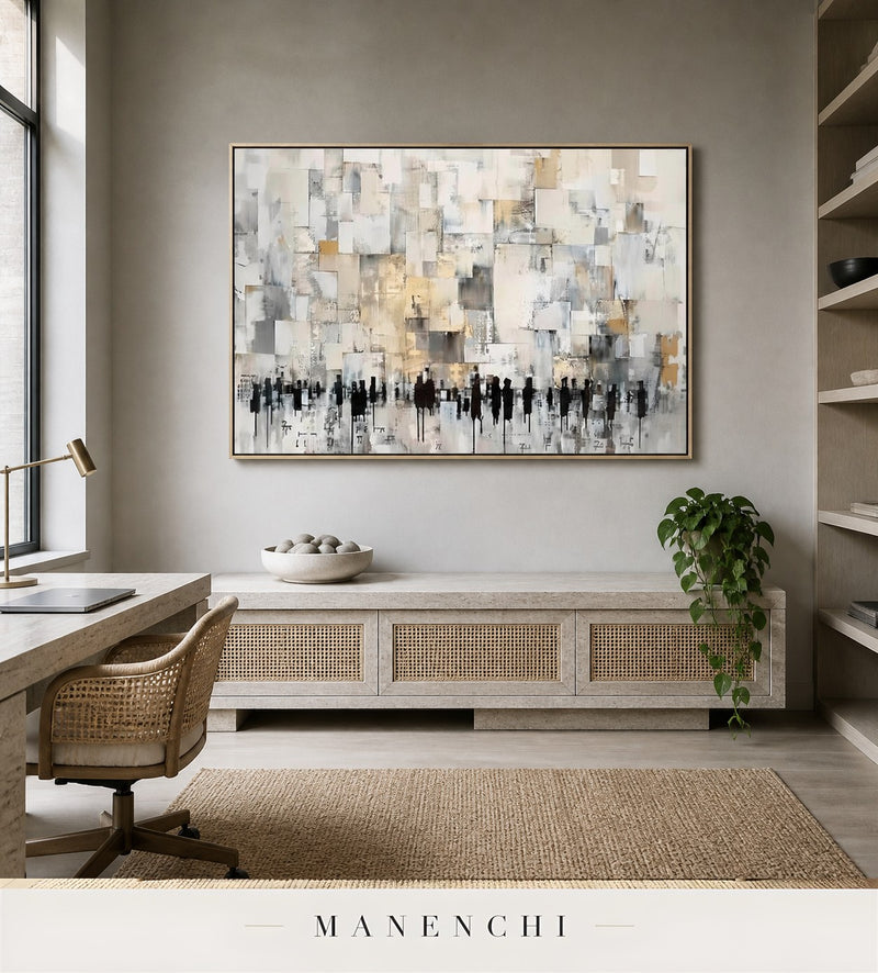 Geometric Throng | Gold Leaf Wall Art - original hand-painted painting by Manenchi, styled in a room setting