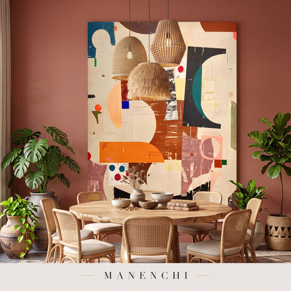 Abstracted Earth Forms abstract painting displayed in a dining room