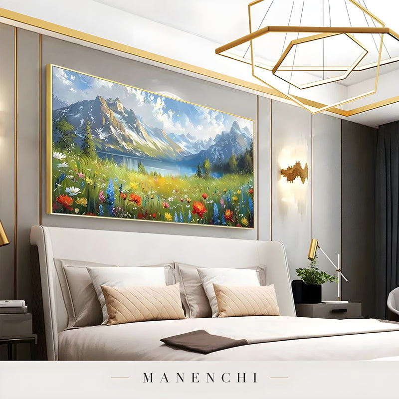 Alpine Bloom Panorama abstract painting displayed in bedroom gold frame
