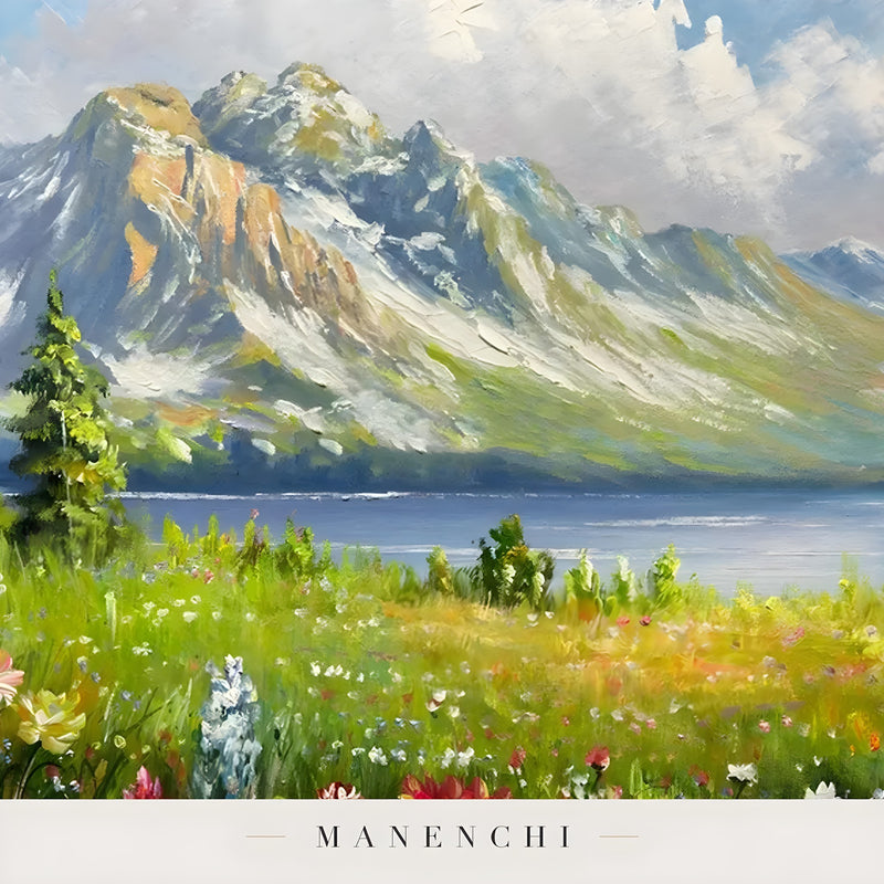 Close-up detail of the textured brushwork in Alpine Bloom Panorama