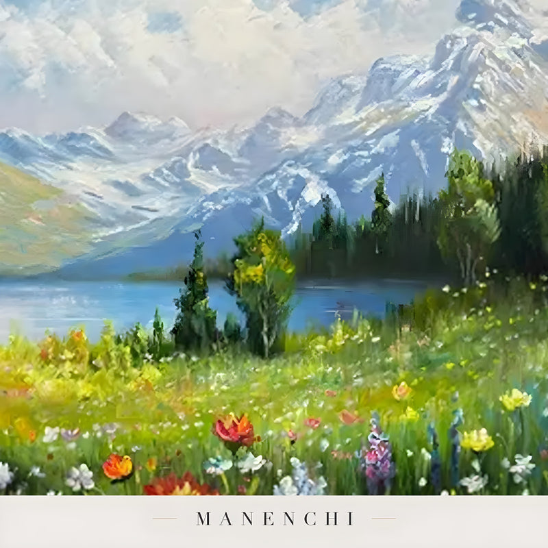 Close-up detail of the textured brushwork in Alpine Bloom Panorama