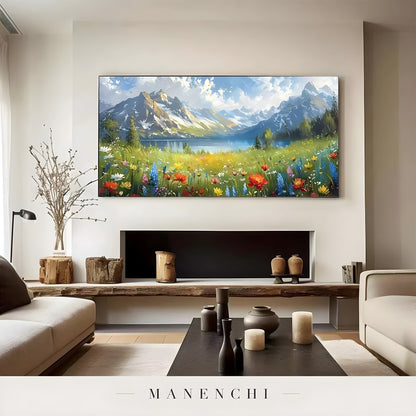 Alpine Bloom Panorama abstract painting displayed in fireplace living room
