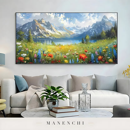 Alpine Bloom Panorama abstract painting displayed in living room sofa