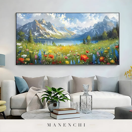 Alpine Bloom Panorama abstract painting displayed in living room sofa