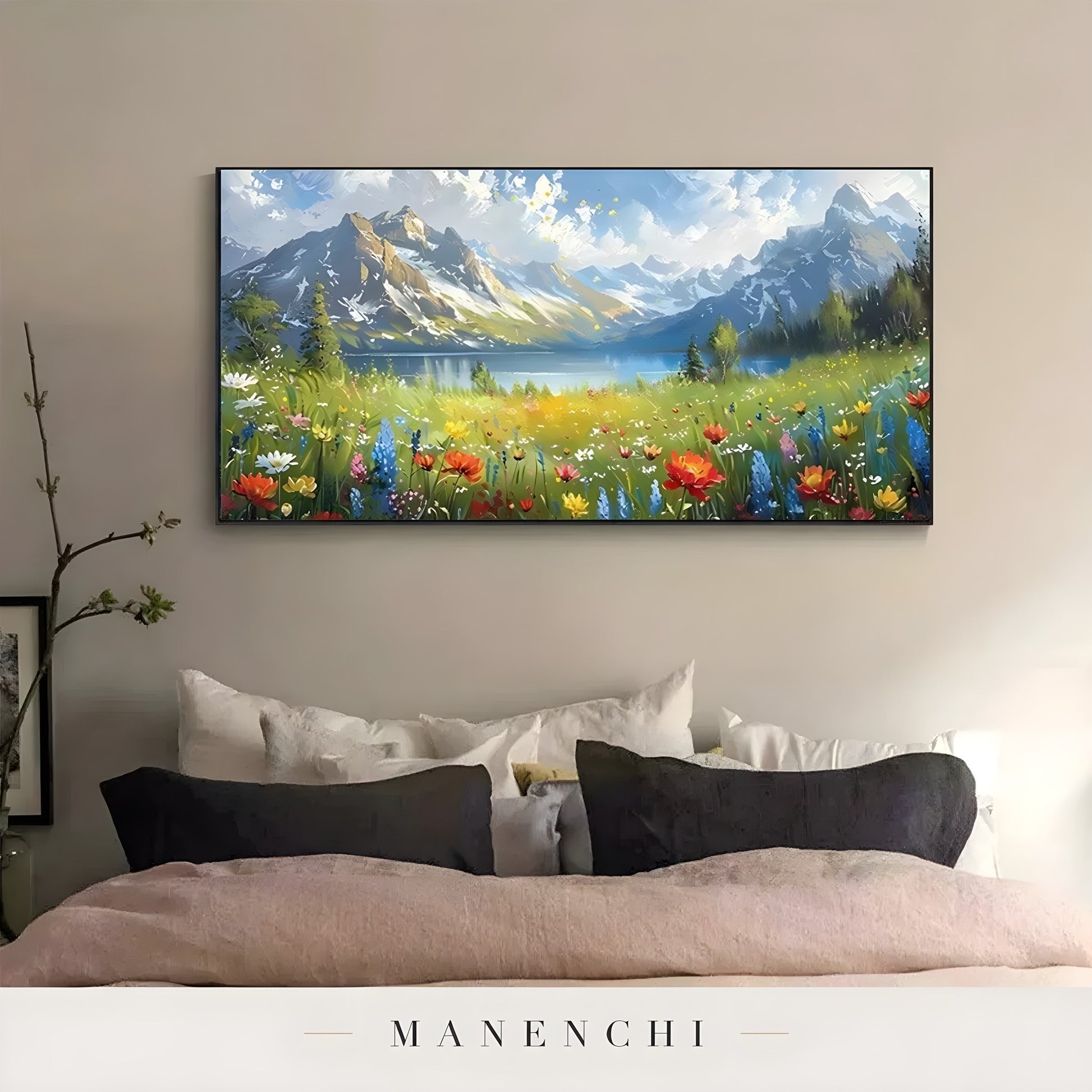 Alpine Bloom Panorama abstract painting displayed in master bedroom art
