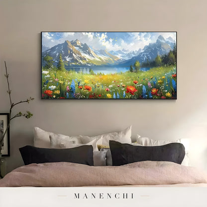 Alpine Bloom Panorama abstract painting displayed in master bedroom art