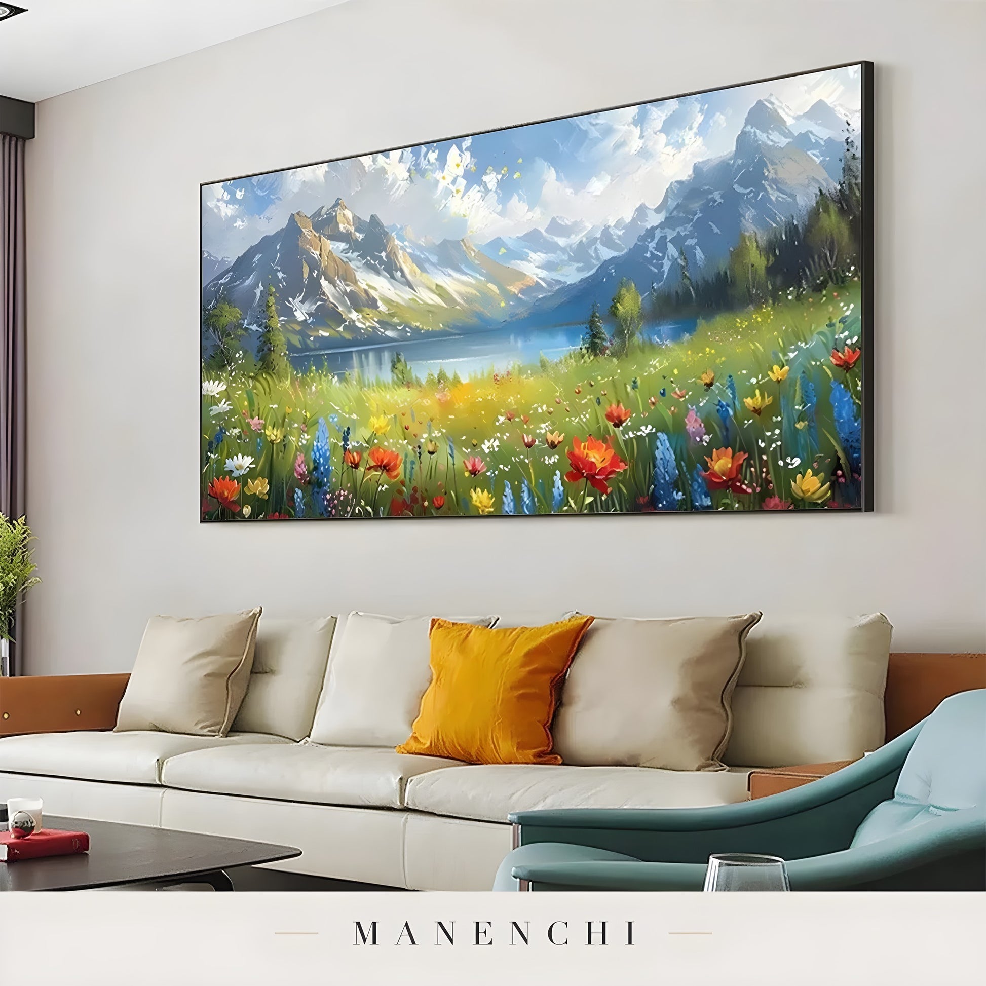 Alpine Bloom Panorama abstract painting displayed in modern living room interior