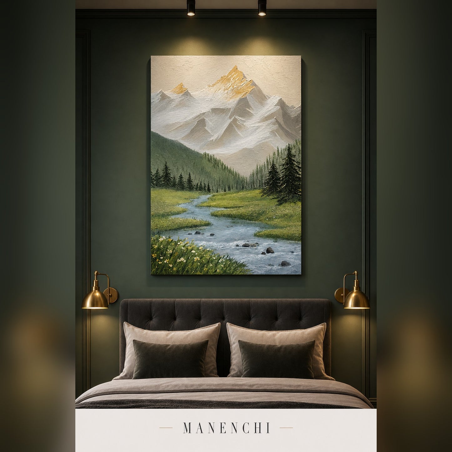 A vertical canvas wall art print depicting a mountain landscape with a river and pine trees, displayed above a bed in a dark green bedroom. The brand name MANENCHI is visible at the bottom.