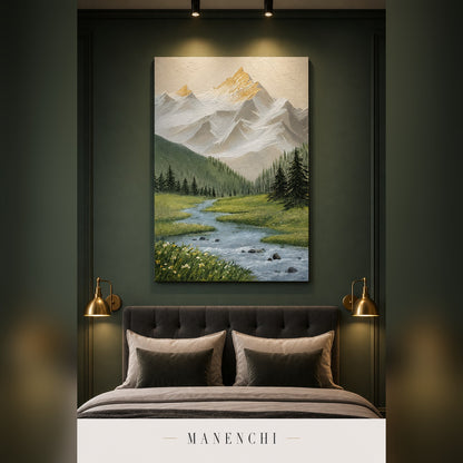 A vertical canvas wall art print depicting a mountain landscape with a river and pine trees, displayed above a bed in a dark green bedroom. The brand name MANENCHI is visible at the bottom.