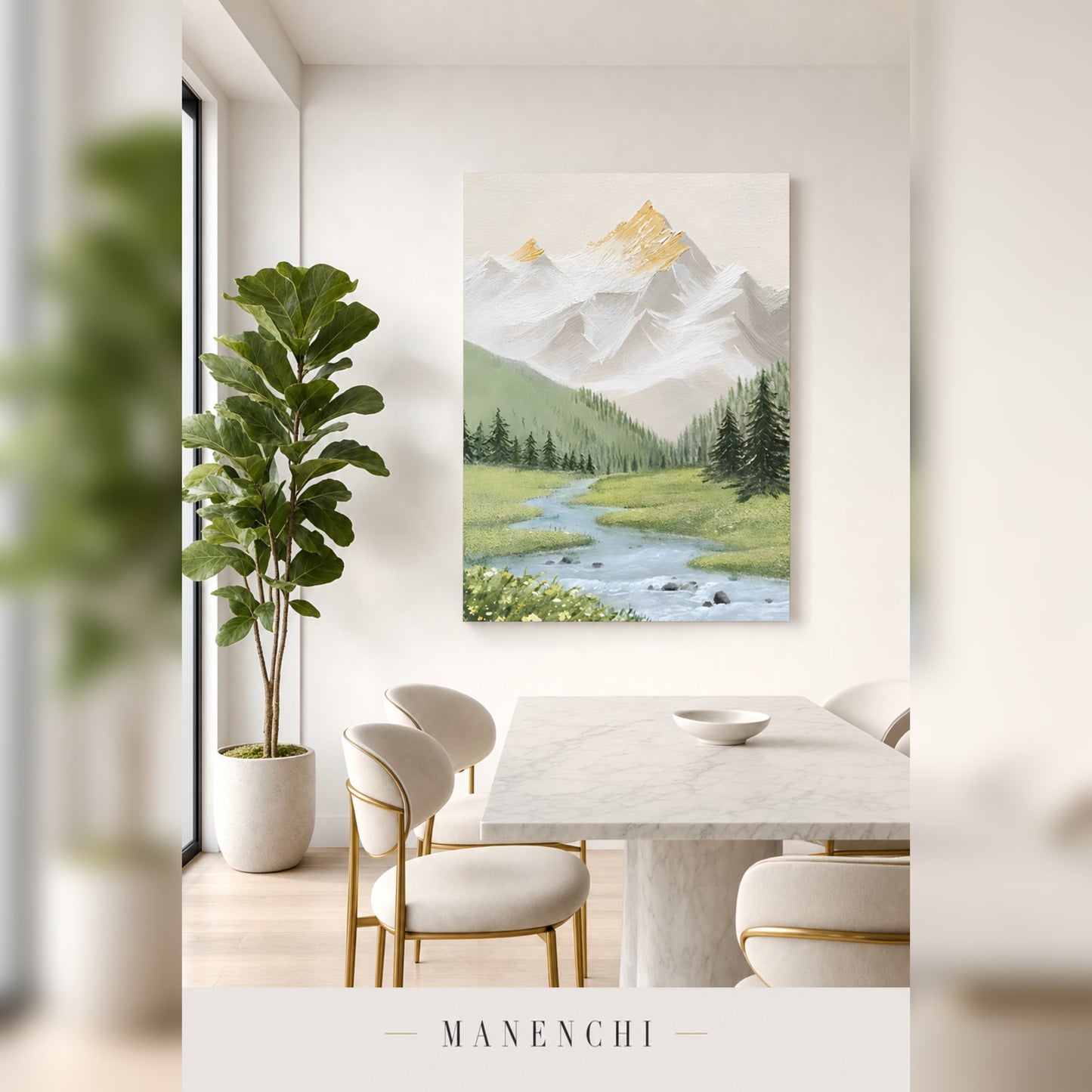 A vertical canvas art print depicting a mountain landscape with a winding river, displayed on a white wall in a modern dining room setting with a marble table and chairs.