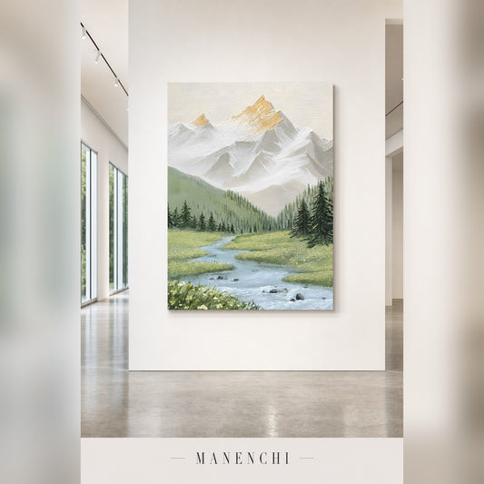 A vertical canvas wall art print depicting a scenic mountain landscape with a winding river and green pine forest, displayed on a white gallery wall in a modern interior space. The brand name 'MANENCHI' is printed at the bottom of the image.