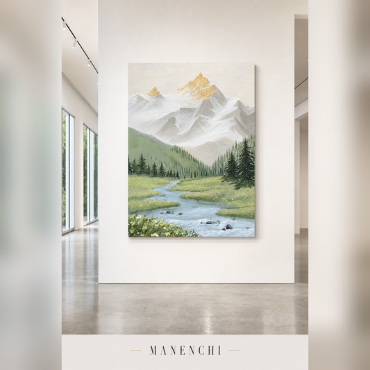 A vertical canvas wall art print depicting a scenic mountain landscape with a winding river and green pine forest, displayed on a white gallery wall in a modern interior space. The brand name 'MANENCHI' is printed at the bottom of the image.