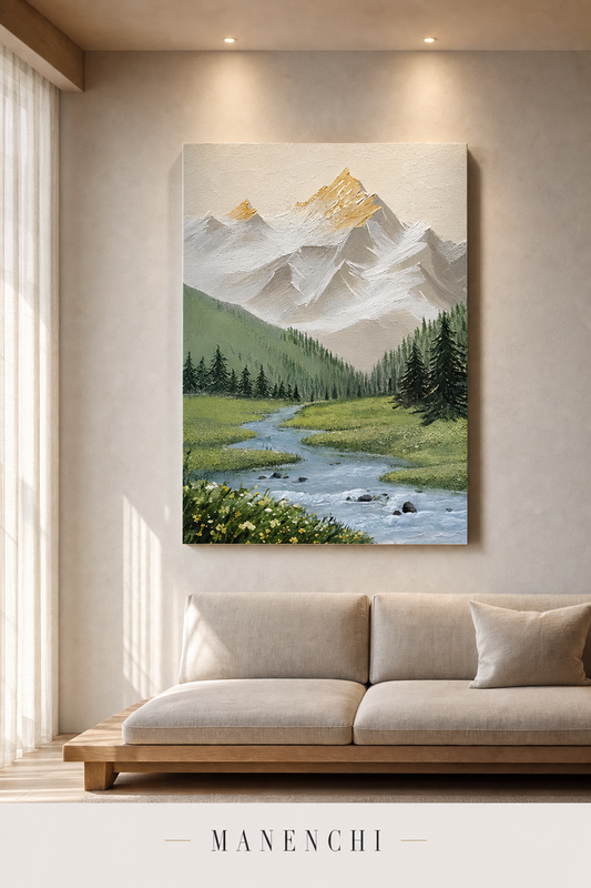 Alpine Gold Horizon abstract painting displayed in a modern living room