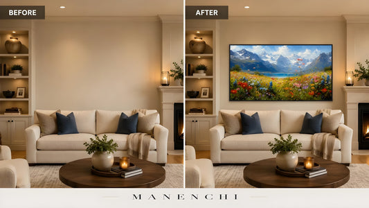 Alpine Meadow Serenity original hand-painted artwork, before and after in a styled room