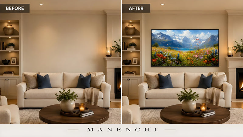 Alpine Meadow Serenity original hand-painted artwork, before and after in a styled room