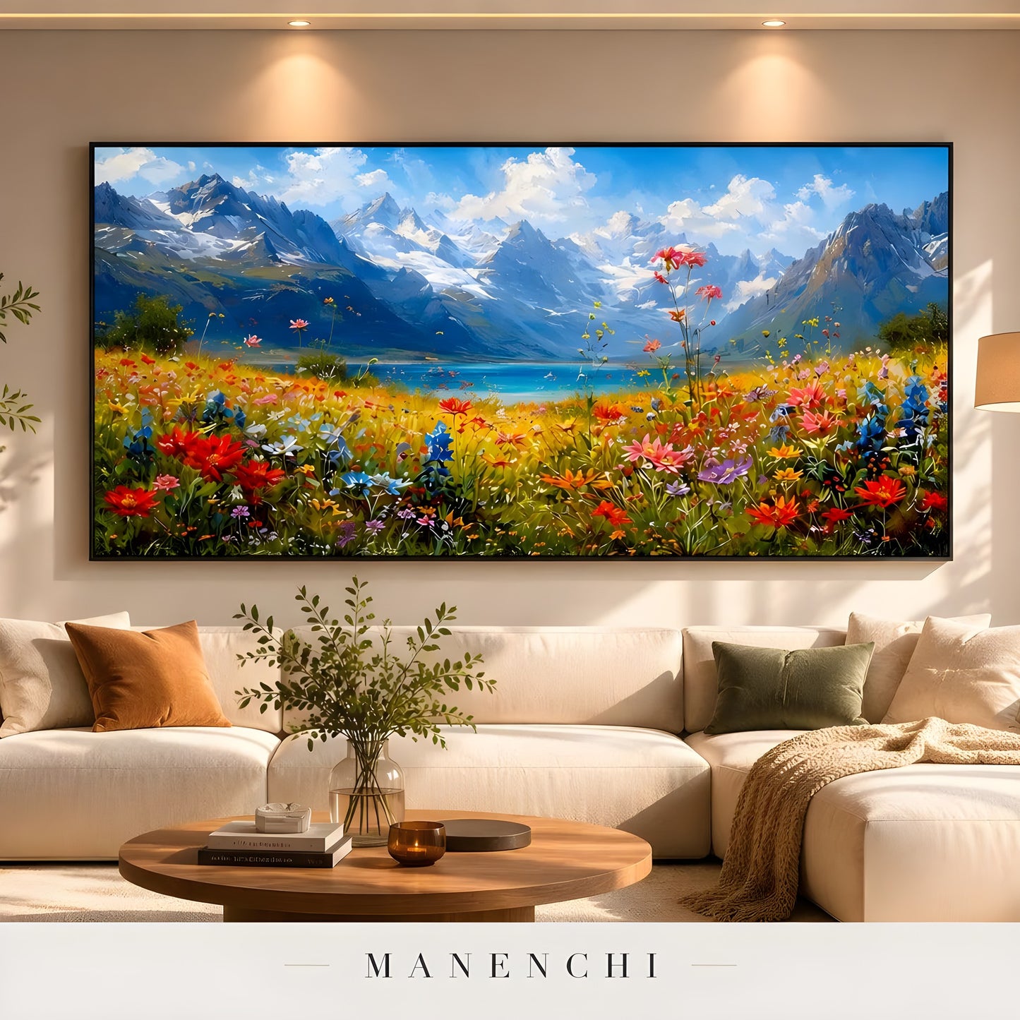 Alpine Meadow Serenity abstract painting displayed in living room interior view