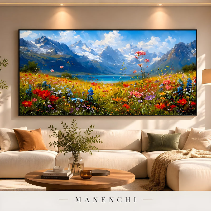 Alpine Meadow Serenity abstract painting displayed in living room interior view