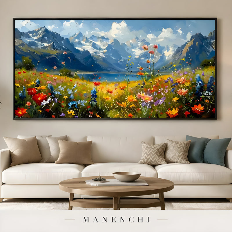 Alpine Meadow Serenity abstract painting displayed in living room sofa display