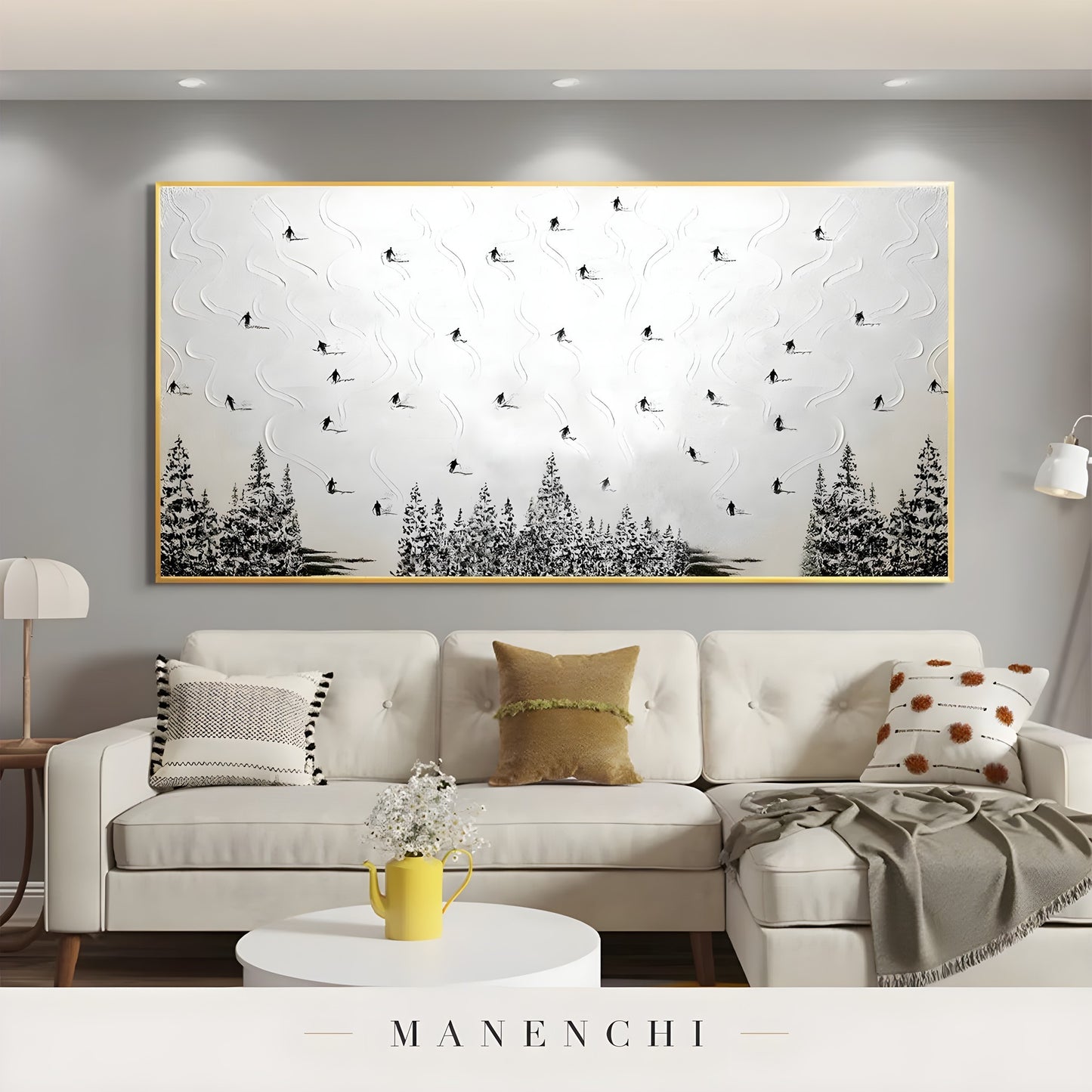 Alpine Skier Descent abstract painting displayed in cozy living room