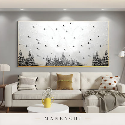 Alpine Skier Descent abstract painting displayed in cozy living room