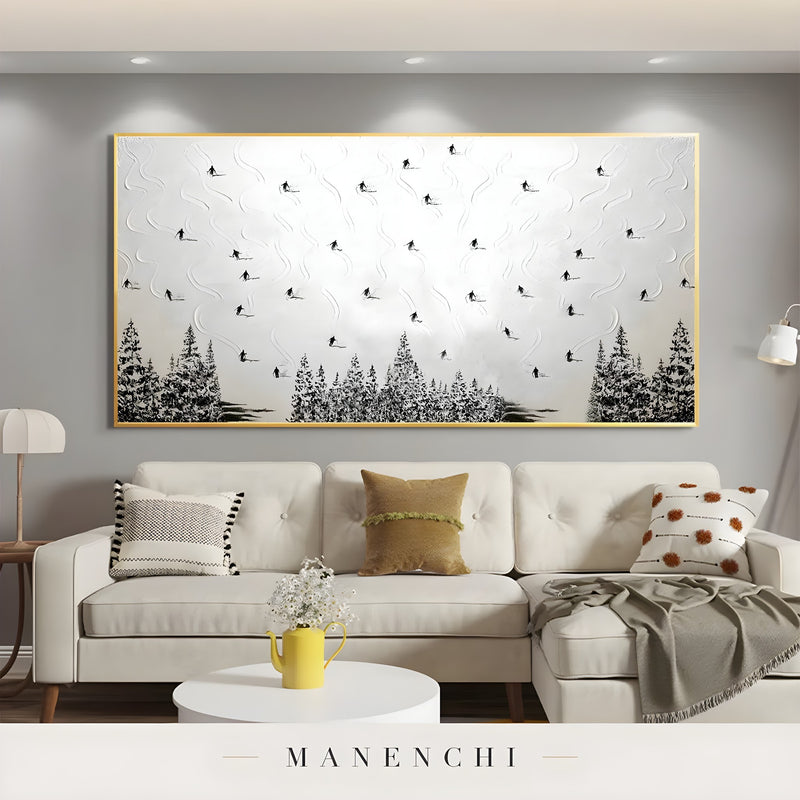 Alpine Skier Descent abstract painting displayed in cozy living room