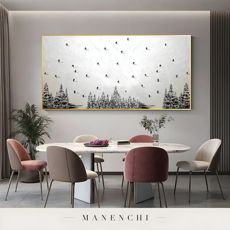 Alpine Skier Descent abstract painting displayed in dining room table