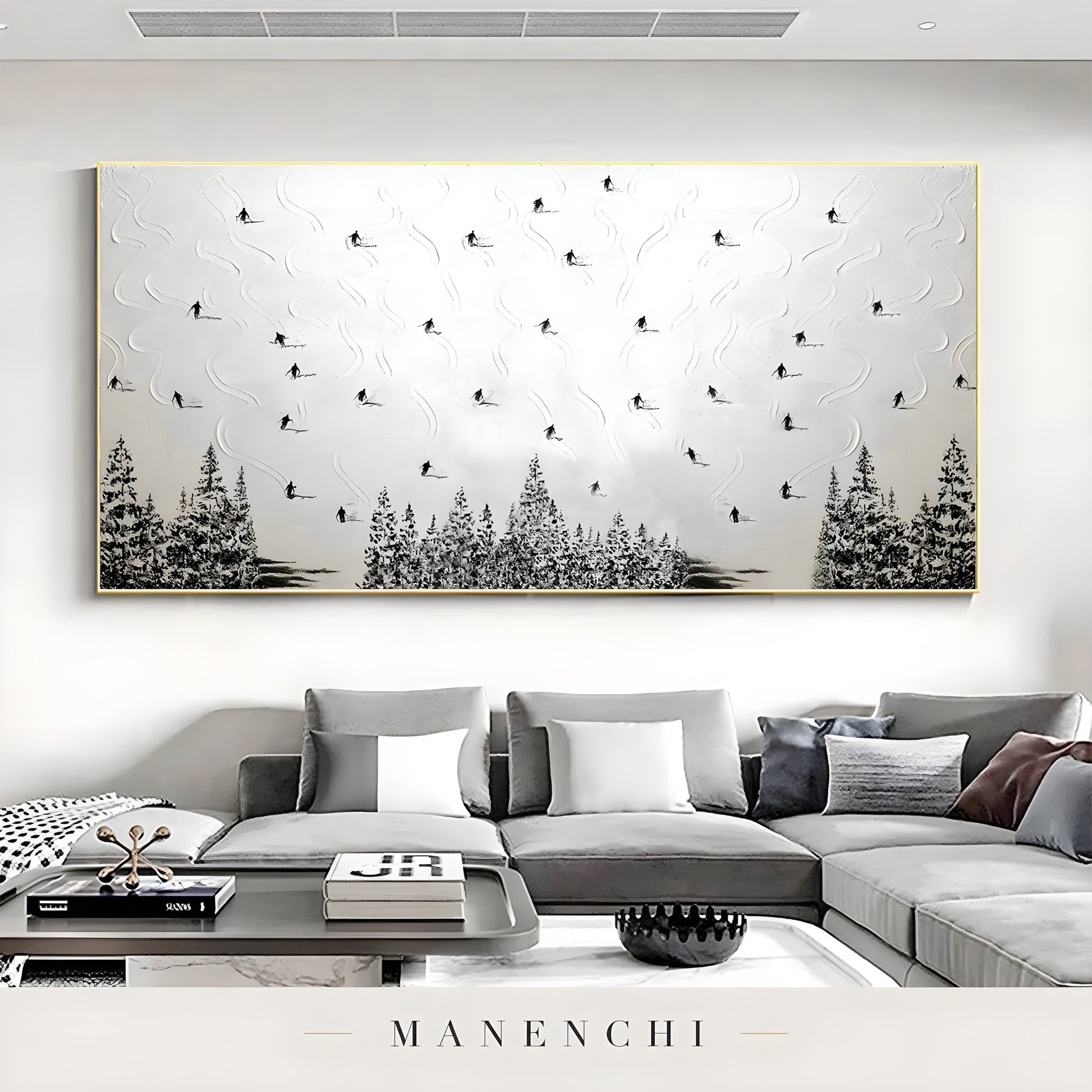 Alpine Skier Descent abstract painting displayed in living room sofa
