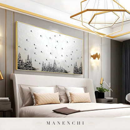 Alpine Skier Descent abstract painting displayed in luxury bedroom interior