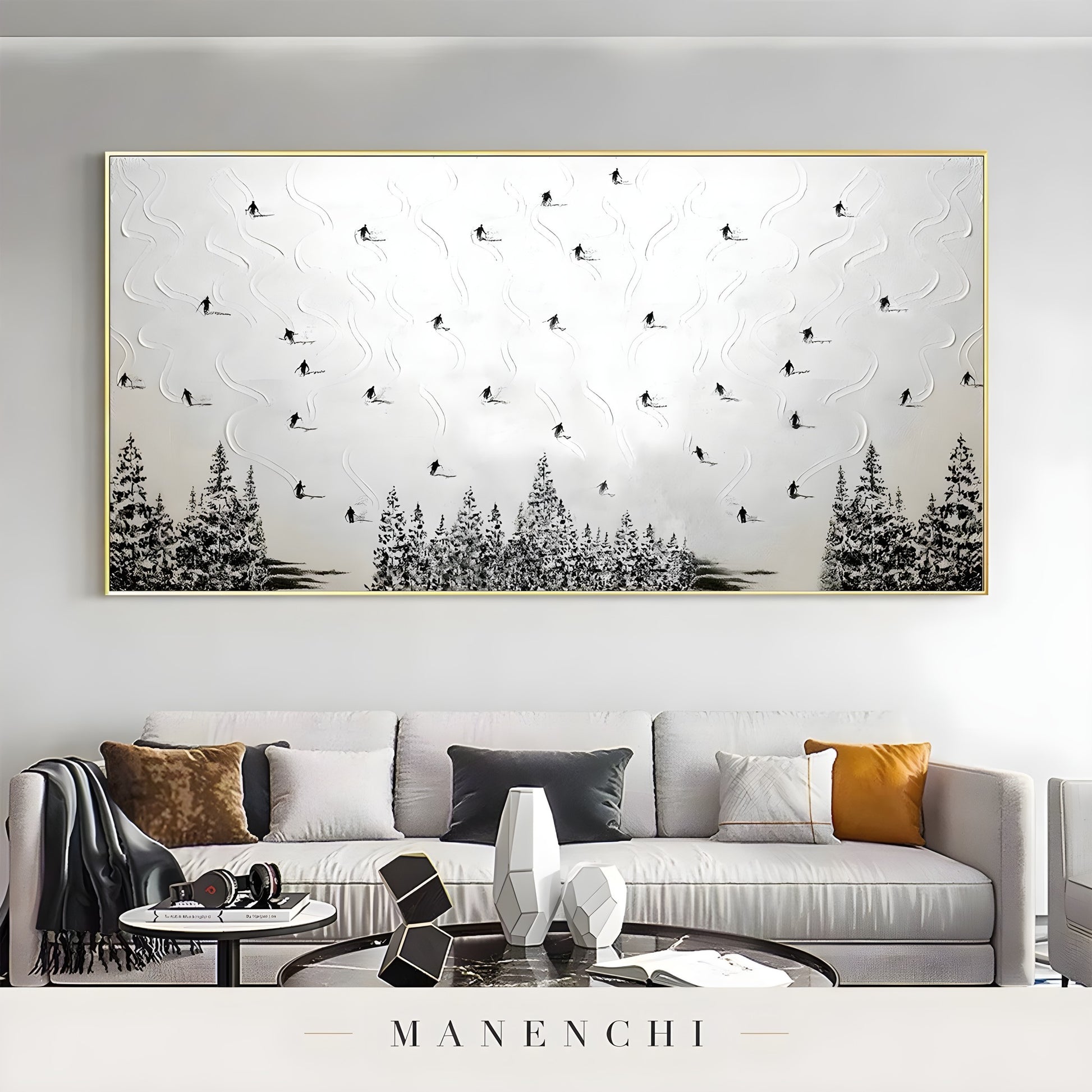 Alpine Skier Descent abstract painting displayed in modern living room