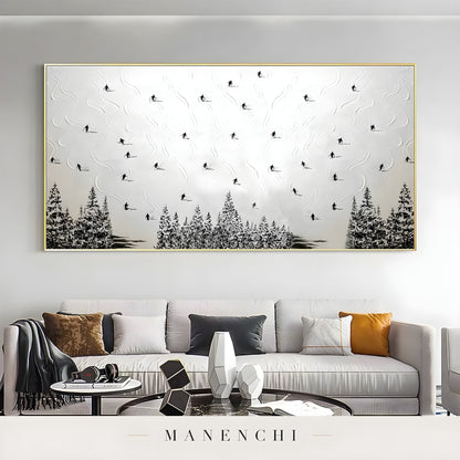Alpine Skier Descent abstract painting displayed in modern living room