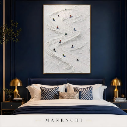 Alpine Slalom Descent abstract painting displayed in bedroom